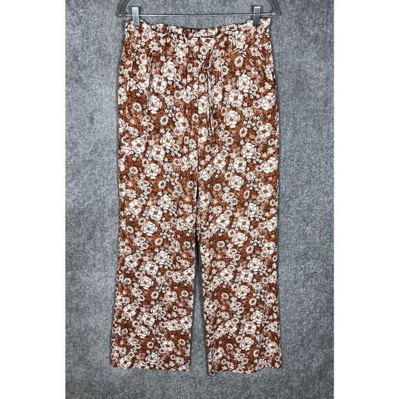 SO High Rise Wide Leg Pants Womens Juniors Sz L Brown Floral Pockets Linen Rayon - Picture 1 of 9